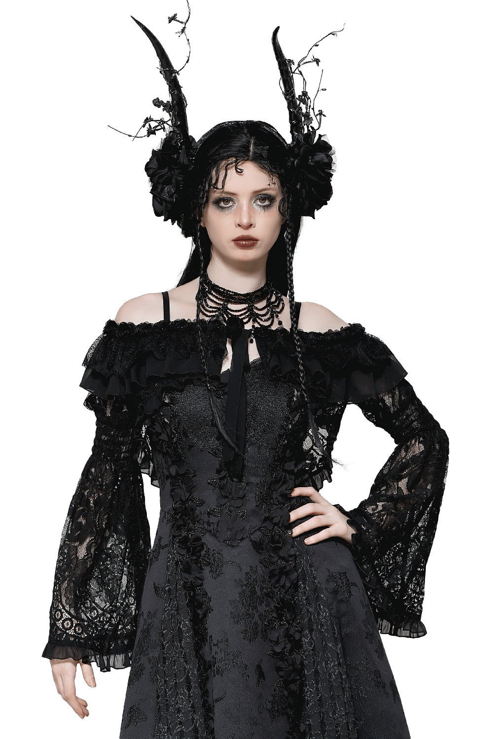 Elegant model in black lace gothic off-shoulder cape with dramatic sleeves, showcasing dark alternative fashion.