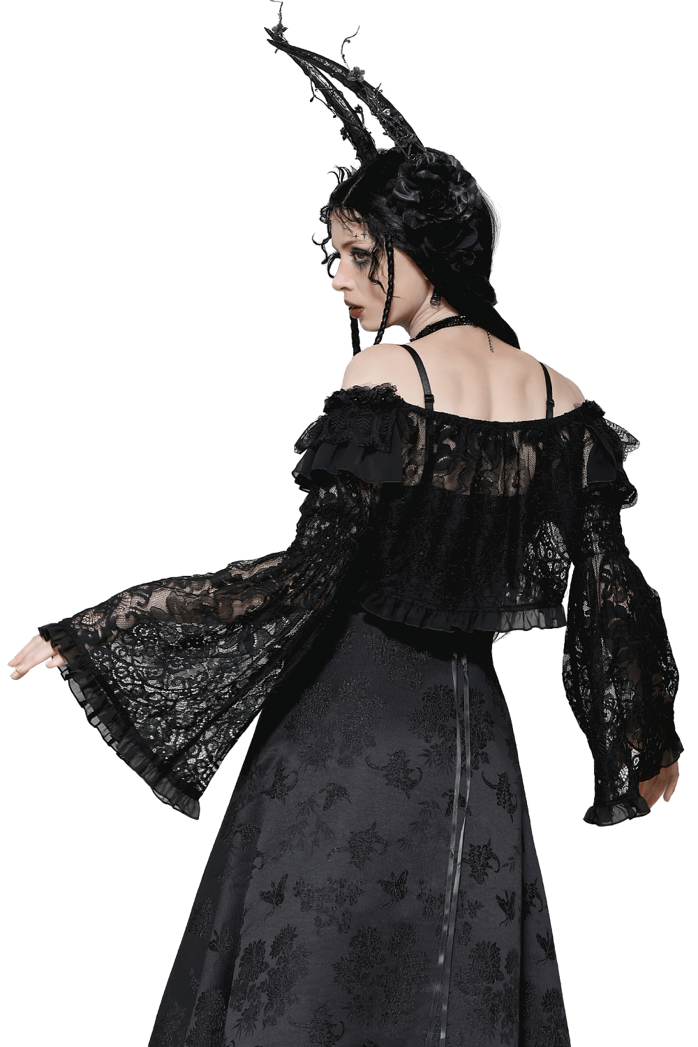 Elegant black lace gothic off-shoulder cape with flared sleeves, perfect for alternative fashion enthusiasts.