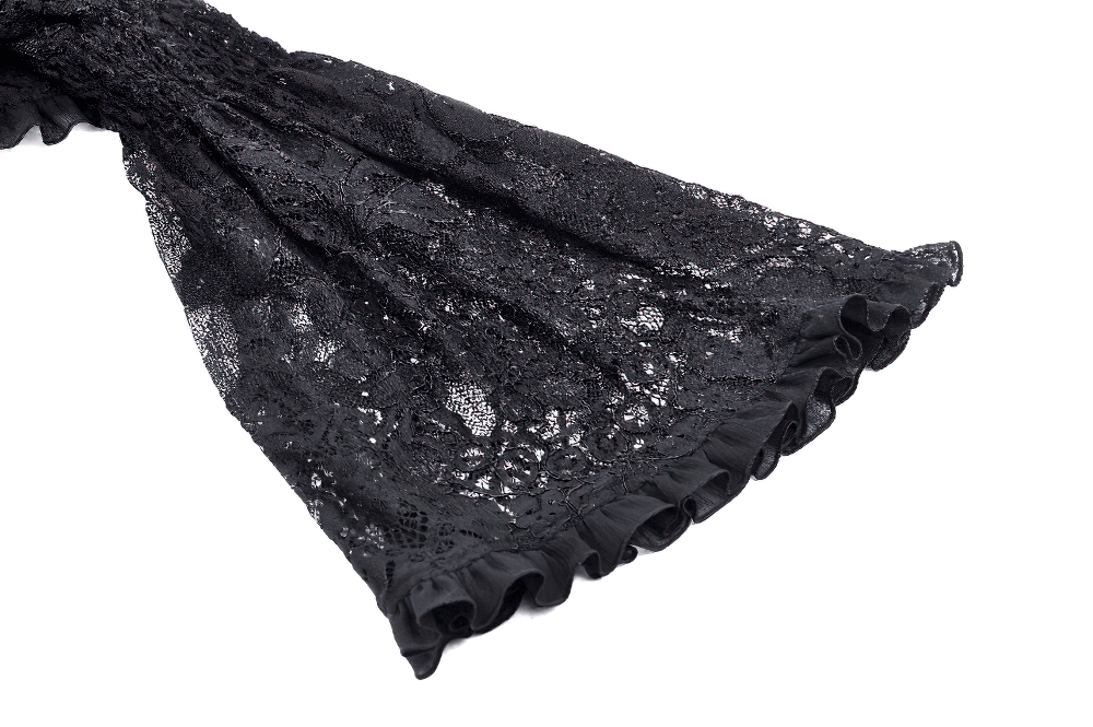 Elegant black lace cape with flared sleeves and ruffle accents, perfect for gothic and alternative fashion styles.