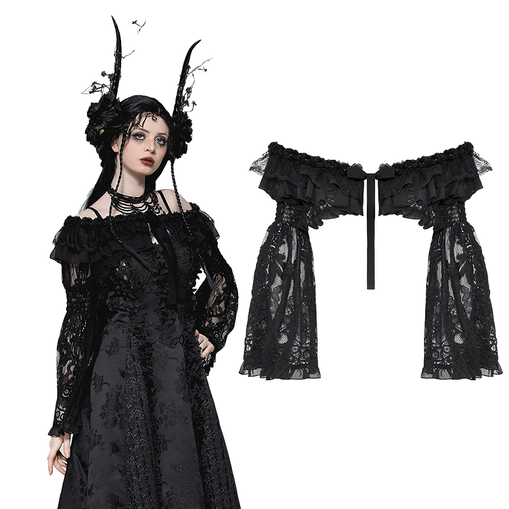 Elegant black lace gothic off-shoulder cape with flared sleeves, perfect for alternative fashion and Victorian looks.