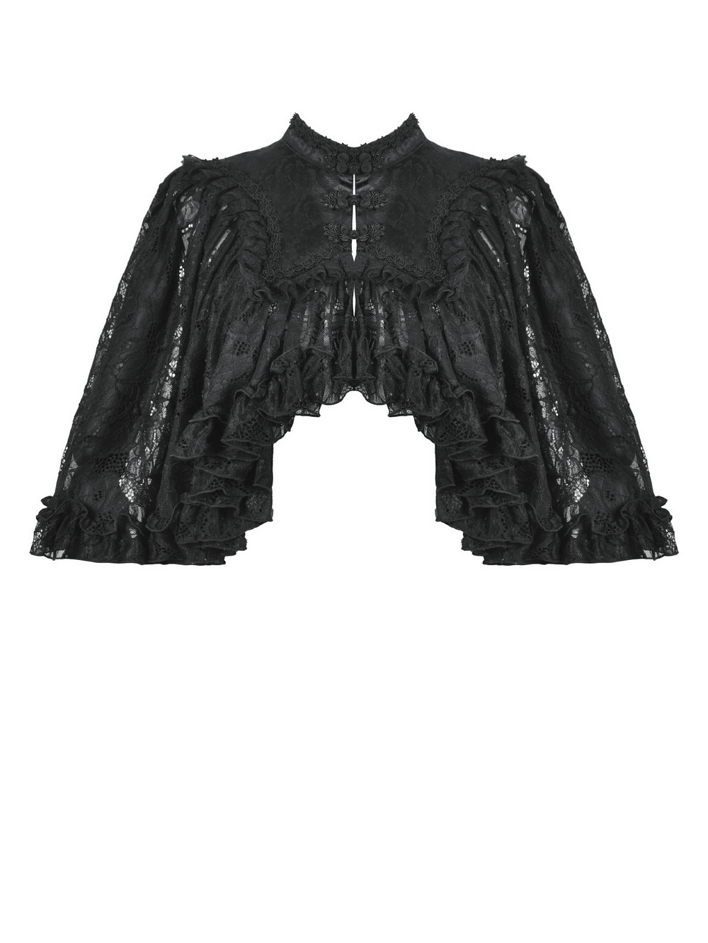 Elegant black lace gothic ruffle cape with high collar and dramatic sleeves, perfect for alternative fashion.