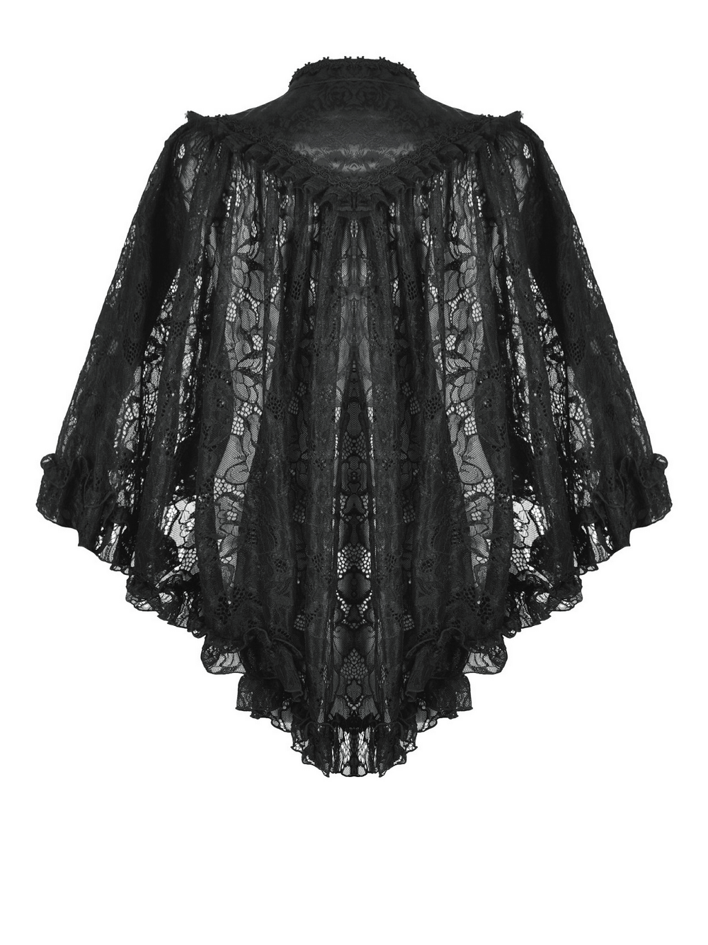 Elegant black lace gothic ruffle cape with high collar, perfect for vintage and alternative fashion styles.