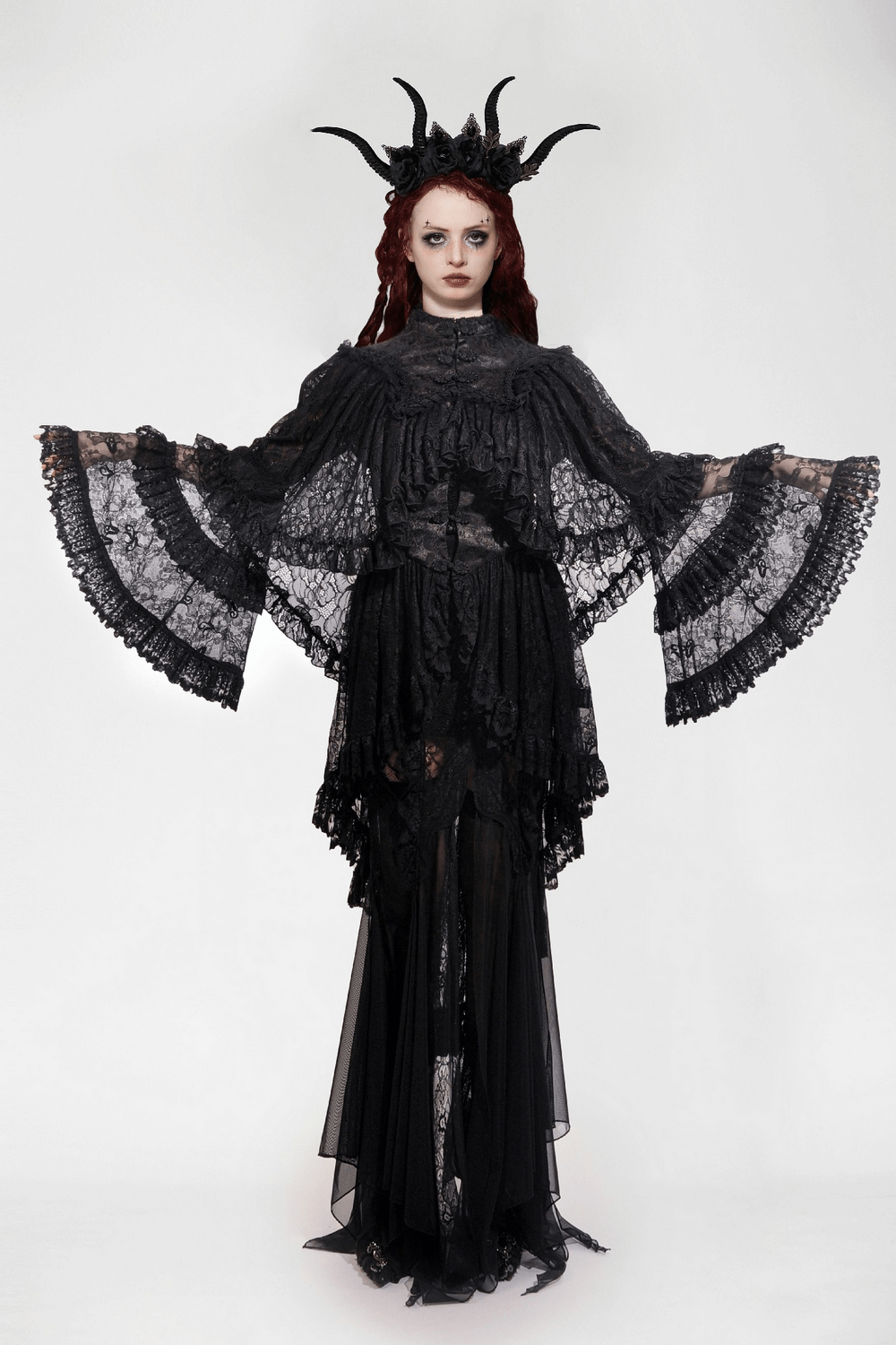 Elegant black lace gothic ruffle cape with high collar, dramatic sleeves, and intricate detailing.