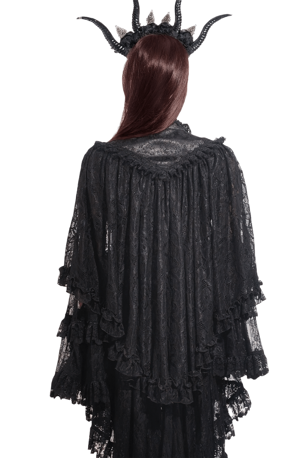 Back view of a dramatic black lace gothic ruffle cape with high collar and frill details, paired with a stylish headpiece.