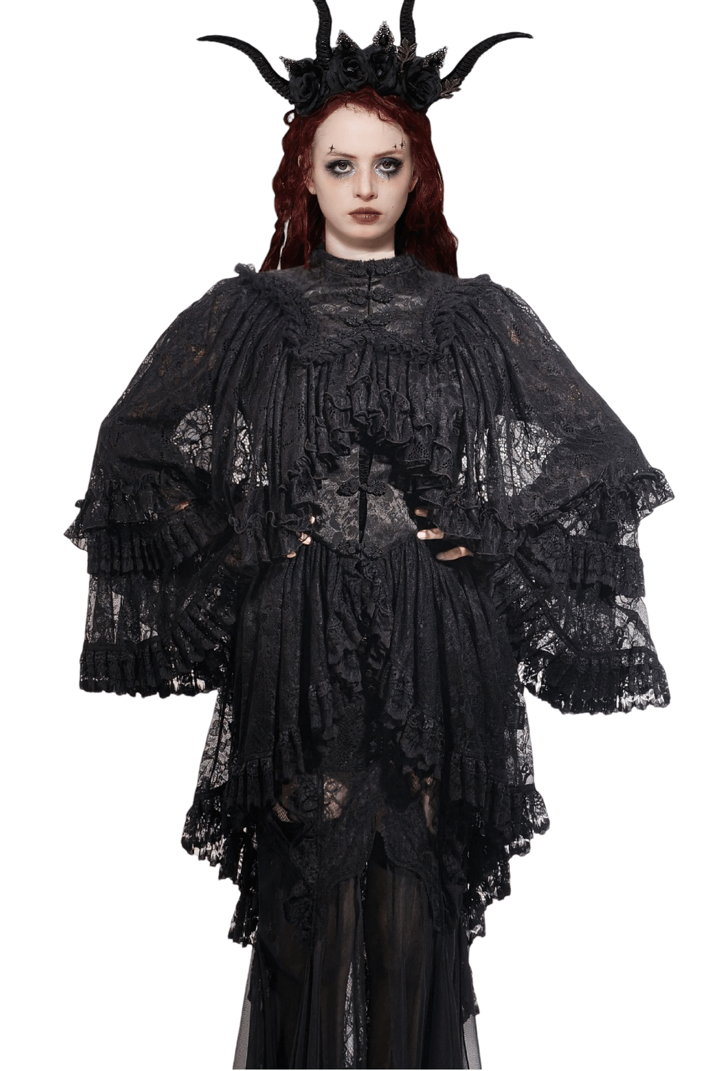 Elegant black lace gothic ruffle cape with high collar and dramatic sleeves, perfect for alternative fashion.