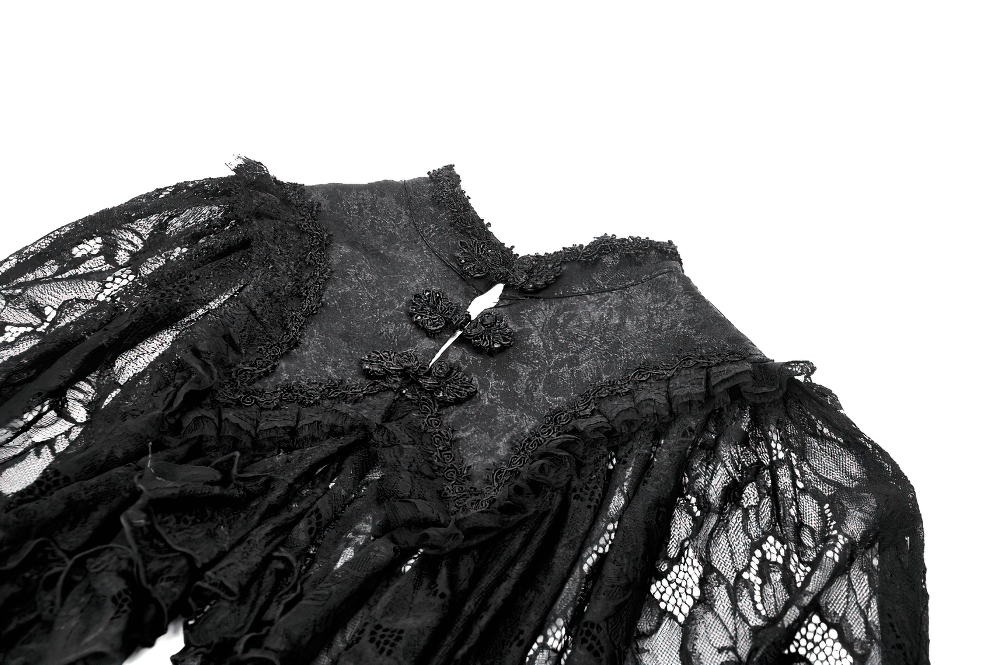 Elegant black lace gothic ruffle cape with high collar and dramatic sleeves for alternative fashion.