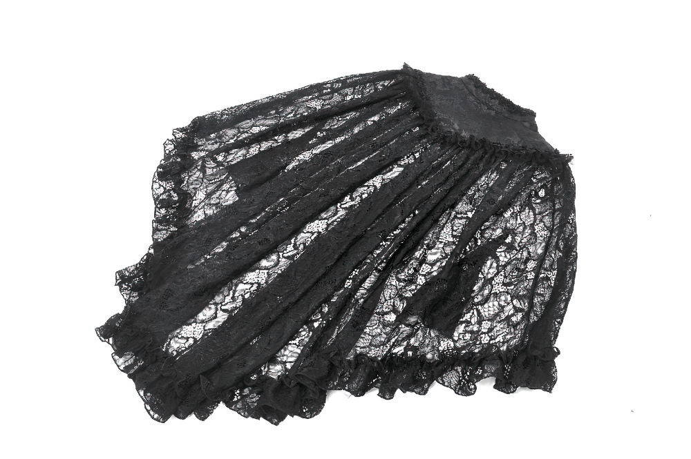 Elegant black lace gothic ruffle cape with high collar and dramatic sleeves for a vintage look.