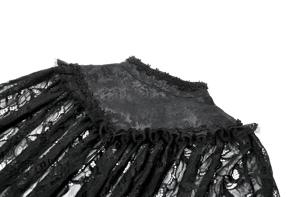 Elegant black lace ruffle cape with high collar and frill detailing, perfect for gothic fashion styles.