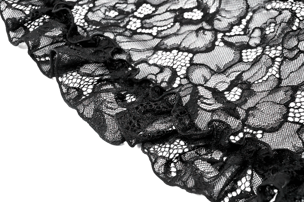 Intricate black lace fabric with ruffle detailing, showcasing elegance and gothic style.