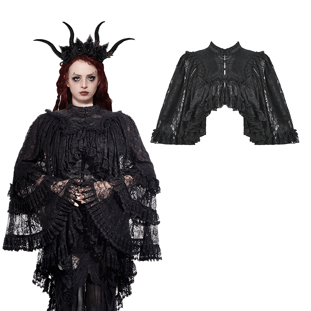 Elegant black lace gothic ruffle cape with high collar, showcasing dramatic frills for vintage fashion.