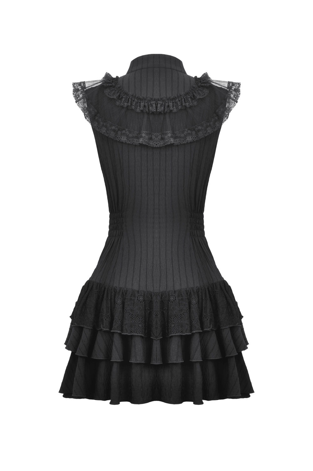 Back view of a black lace gothic dress with ruffled skirt and elegant ribbon detail, showcasing intricate lace trim.