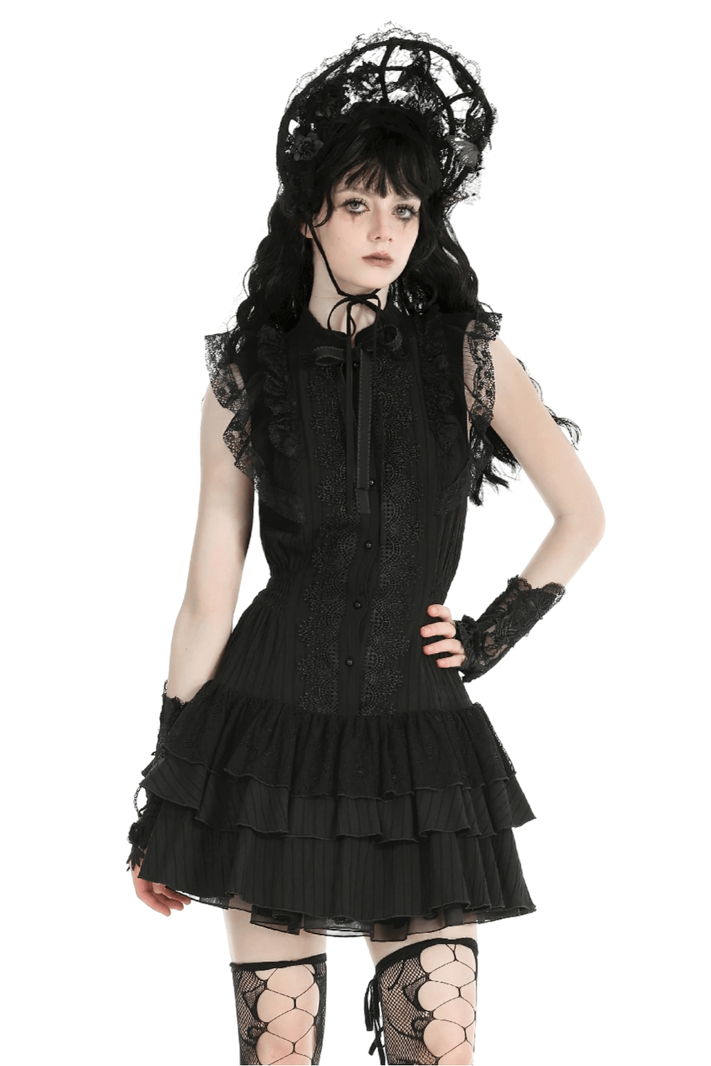 Black lace gothic ruffled dress with ribbon detail, featuring elegant lace trim and flared skirt.