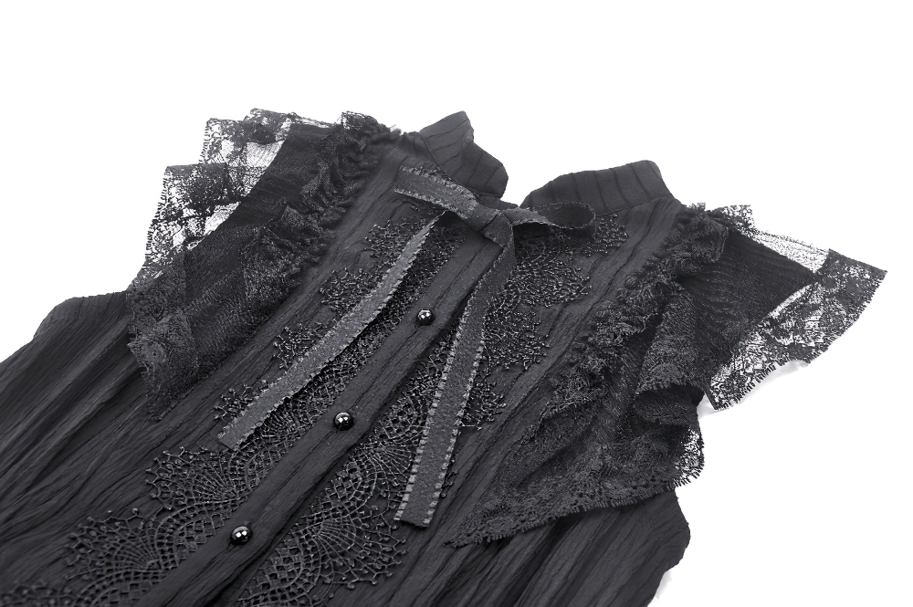 Black Lace Gothic Ruffled Dress with Ribbon Detail