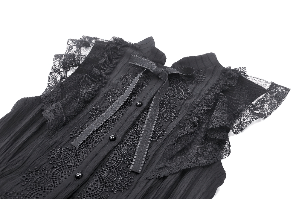 Black gothic ruffled dress with lace trim and ribbon detail, showcasing elegant design and sophisticated style.
