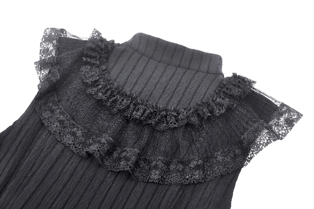 Black lace ruffled neckline detail of a gothic dress with elegant lace trim and a sophisticated finish.