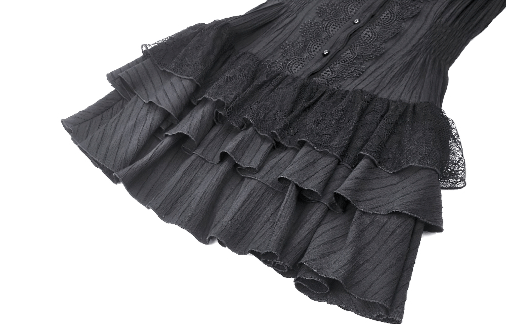 Elegant black lace gothic dress featuring ruffled hem and intricate lace detailing, perfect for special events.