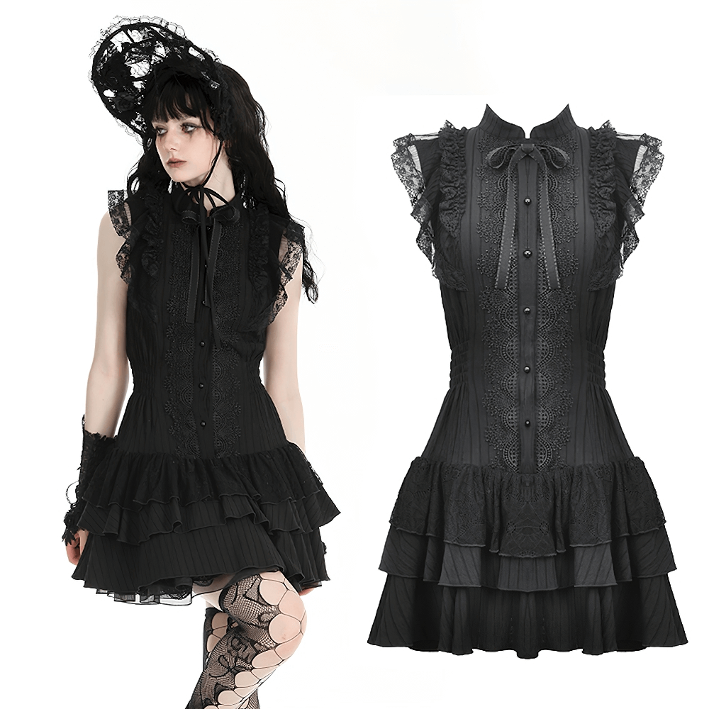 Black gothic lace dress with ruffles and ribbon, perfect for elegant evening wear.