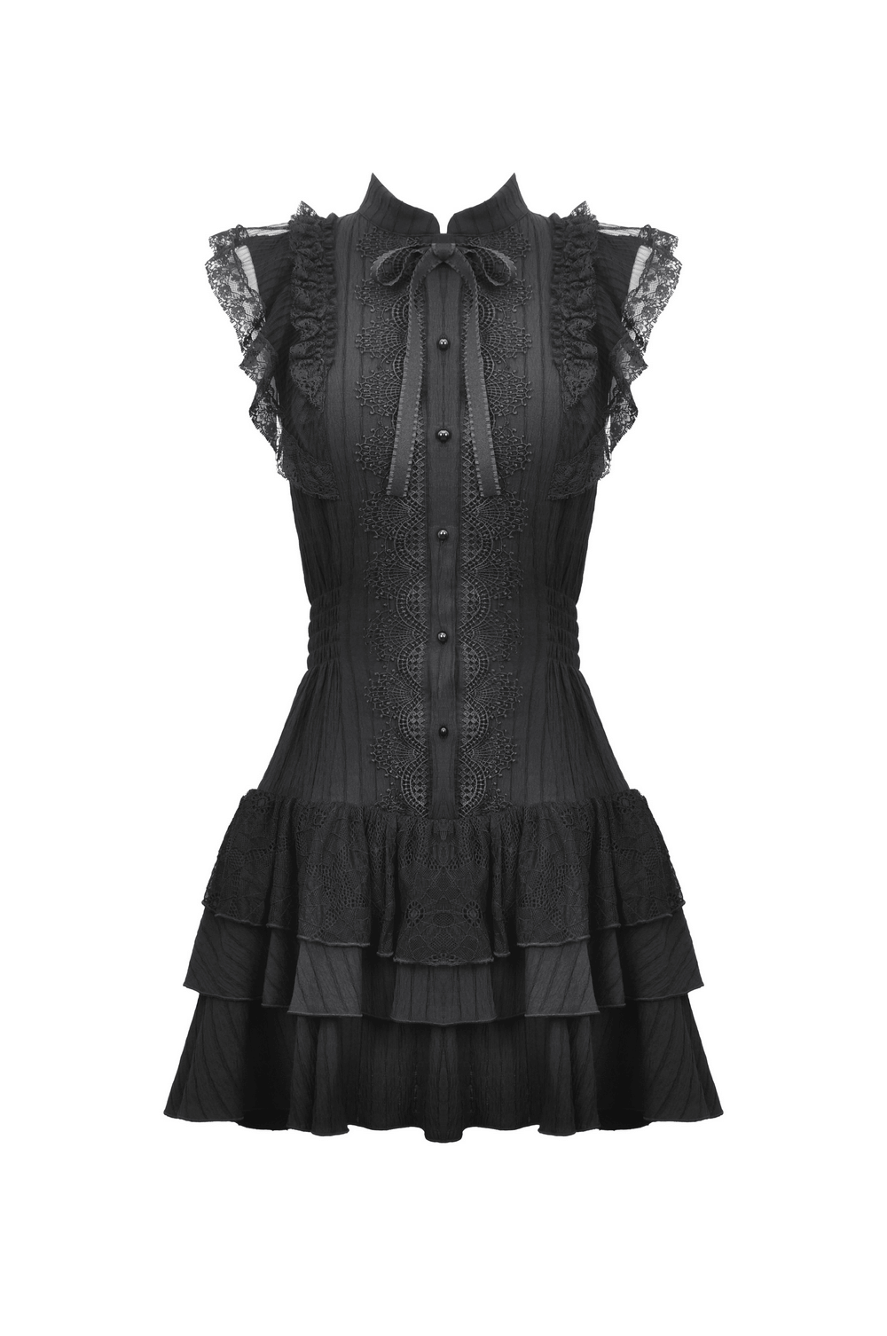 Elegant black lace gothic dress with ruffles and ribbon detail, perfect for sophisticated evening events.
