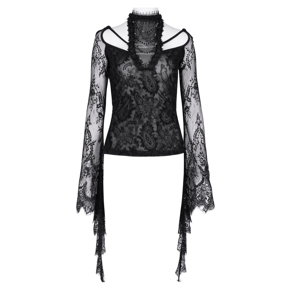 Black lace gothic top with bell sleeves and neck chains, featuring intricate floral patterns and a stylish open back.