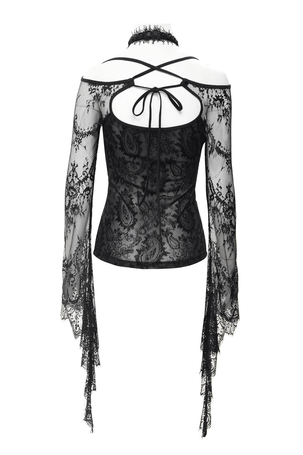 Elegant black lace gothic top featuring bell sleeves, neck chains, and a laced-up open back design. Perfect for alternative fashion!