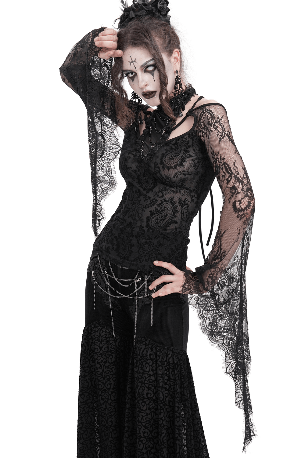 Victorian-inspired black lace gothic top with bell sleeves and neck chains, perfect for alternative fashion and cosplay.