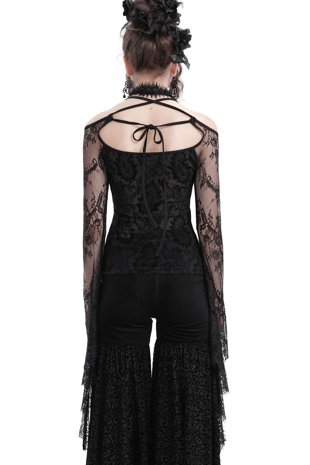 Back view of a Victorian-inspired black lace gothic top with bell sleeves and lace-up detailing. Perfect for alternative fashion.