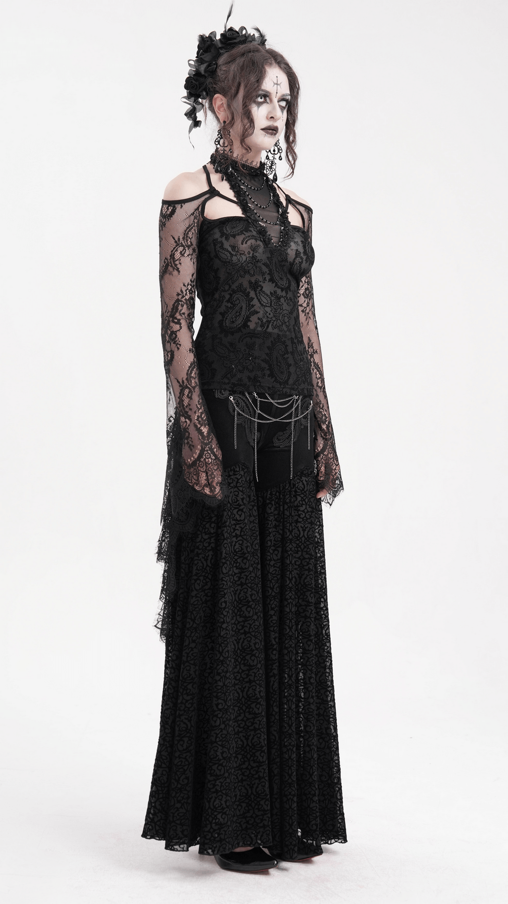 Black lace gothic top with bell sleeves and neck chains, perfect for Victorian-inspired alternative fashion outfits.