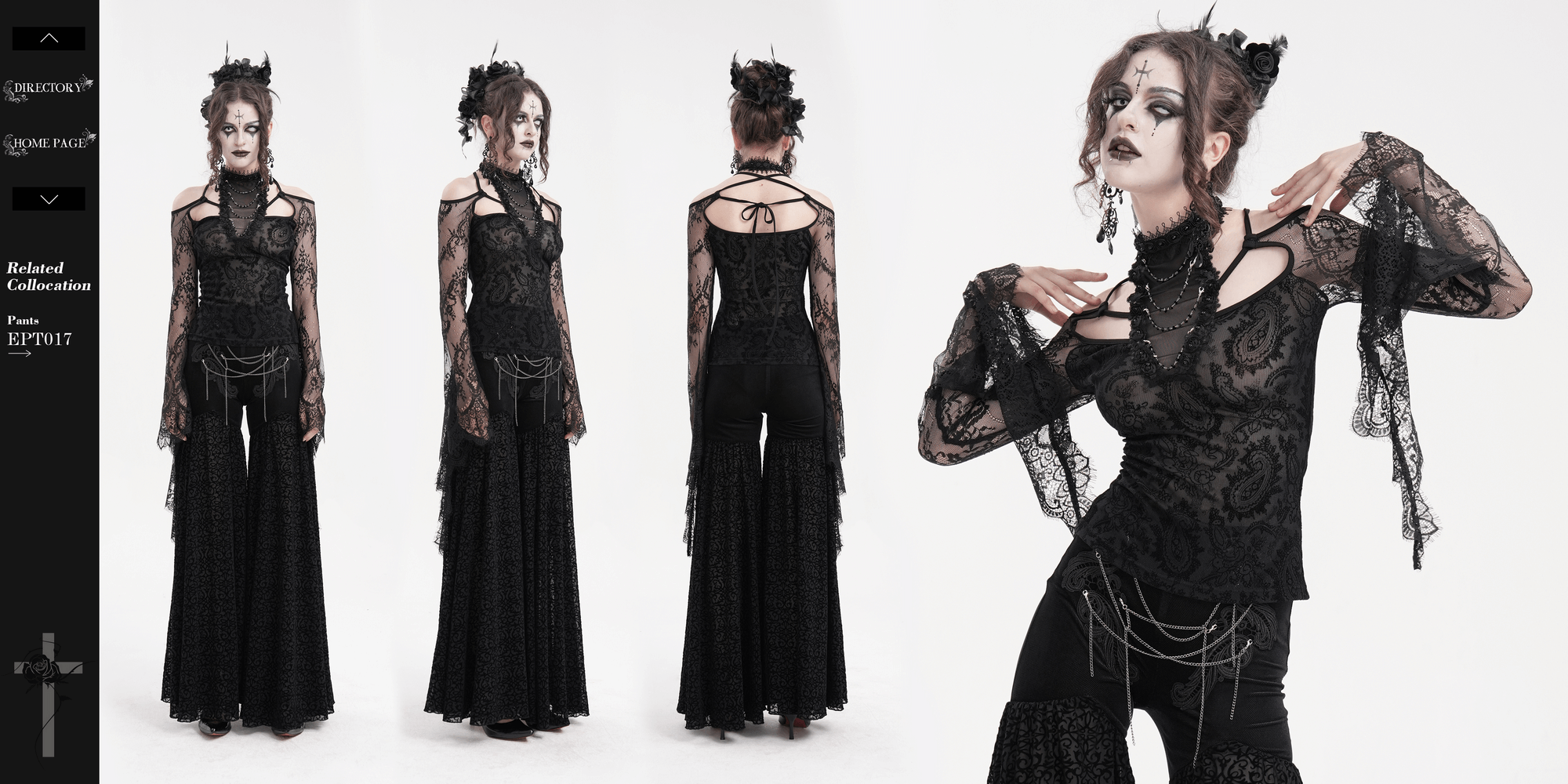 Black lace gothic top with bell sleeves and neck chains, perfect for Victorian-inspired gothic outfits.