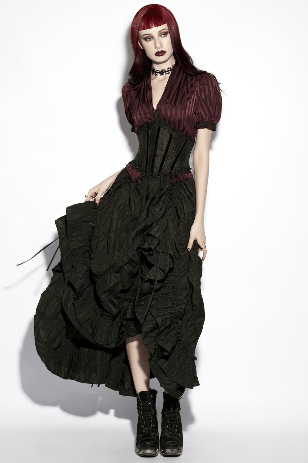 Black Lace Gothic Underbust Waist Cincher Corset worn with a dramatic black and burgundy dress.