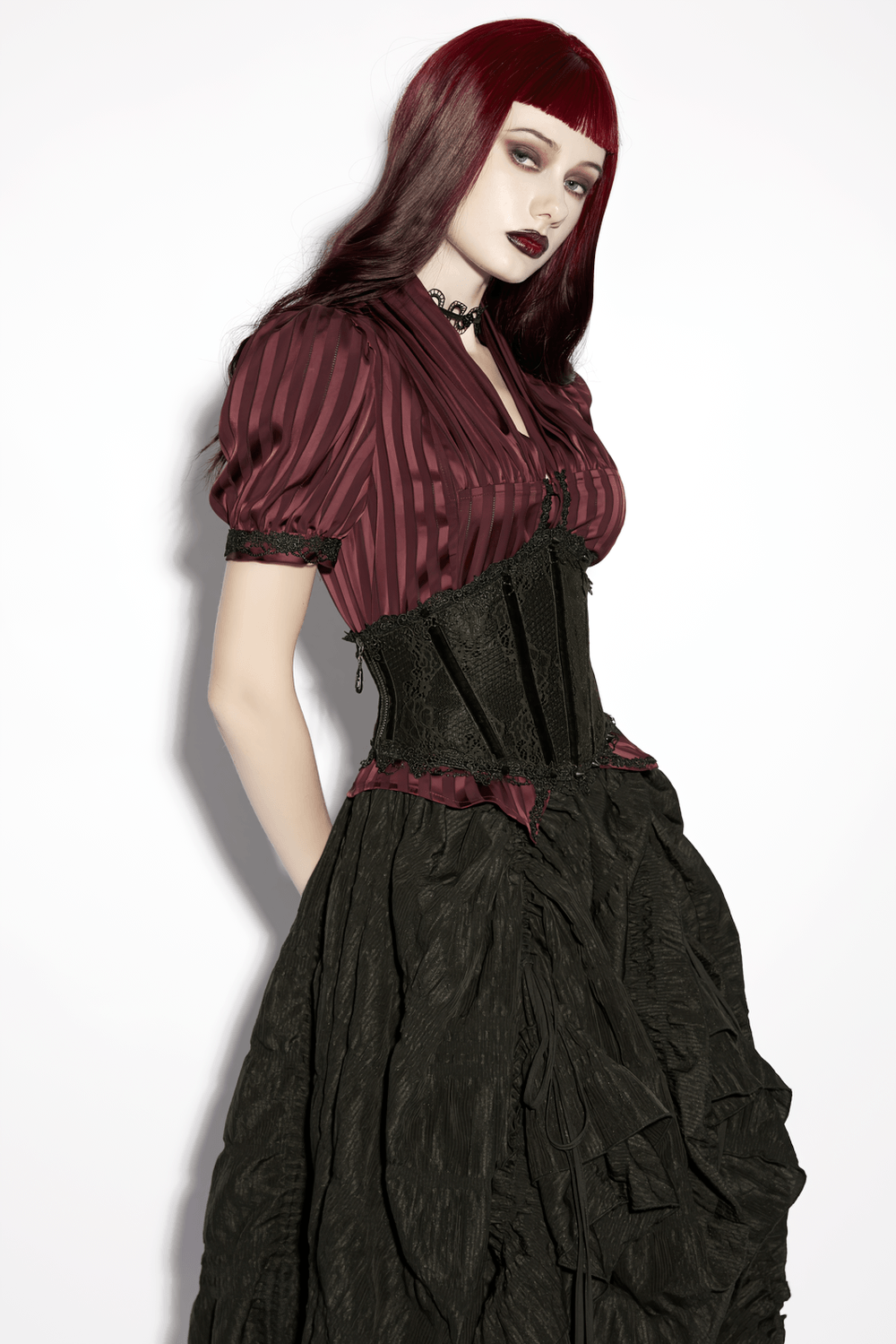 Black Lace Gothic Underbust Waist Cincher Corset paired with a dark gothic dress and striking red hair for a dramatic look.