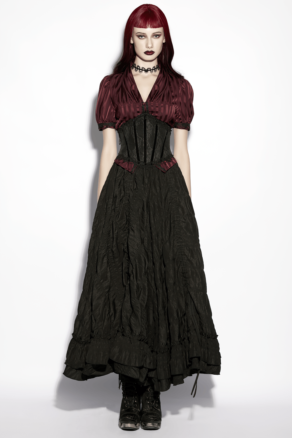 Black Lace Gothic Underbust Waist Cincher Corset worn with a flowing black and burgundy dress for a dramatic gothic look.