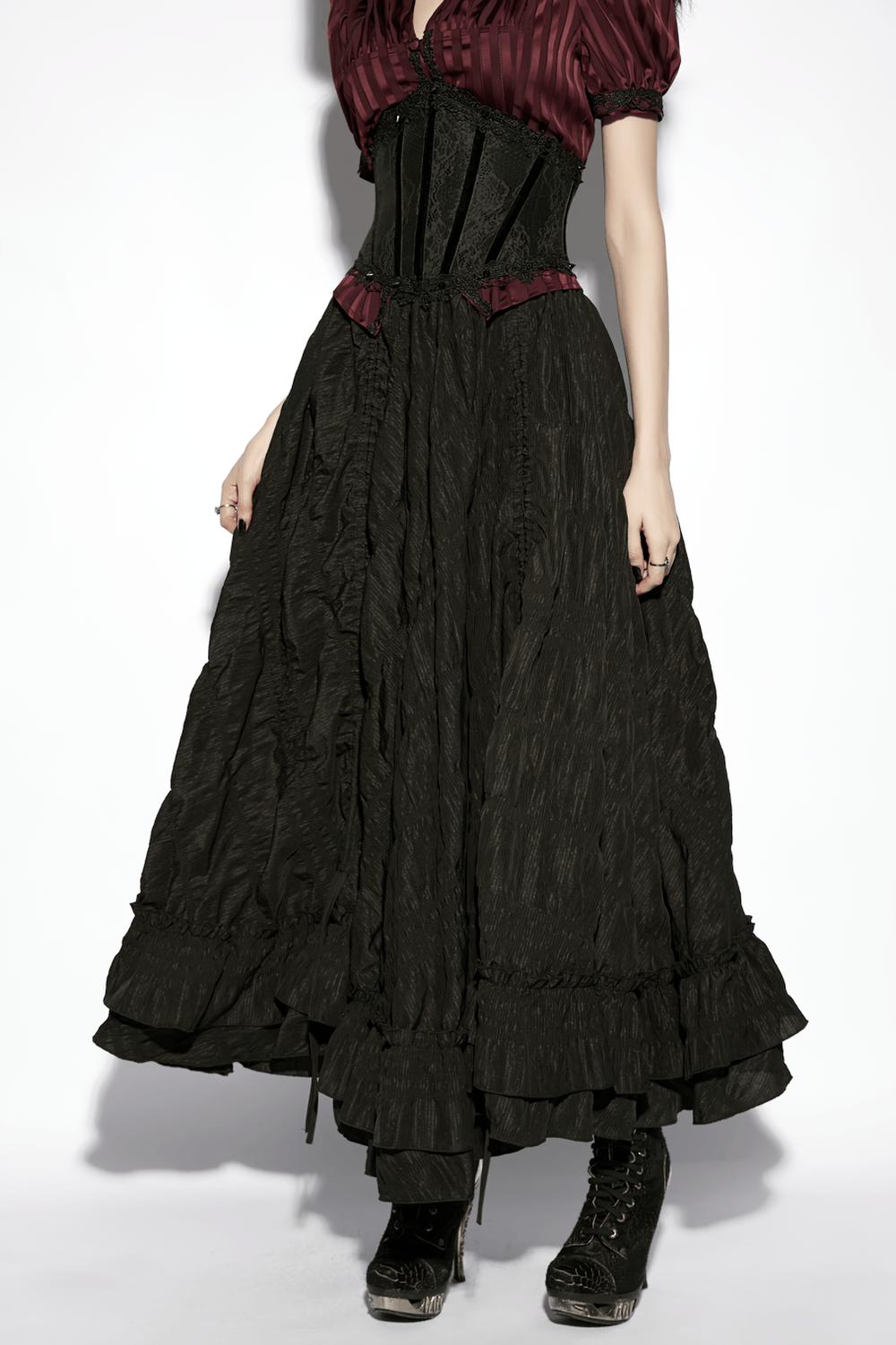 Black Lace Gothic Underbust Waist Cincher Corset paired with a flowing black skirt for a dramatic gothic look.