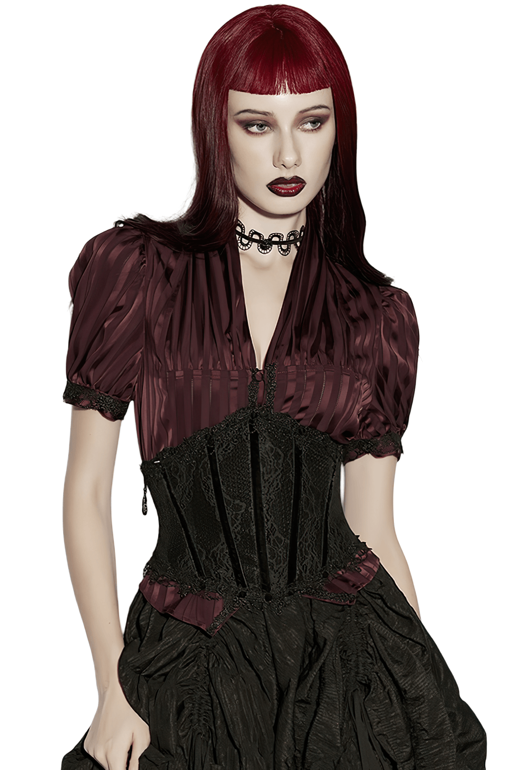 Black Lace Gothic Underbust Waist Cincher Corset worn by model in stylish gothic outfit with striking red hair.