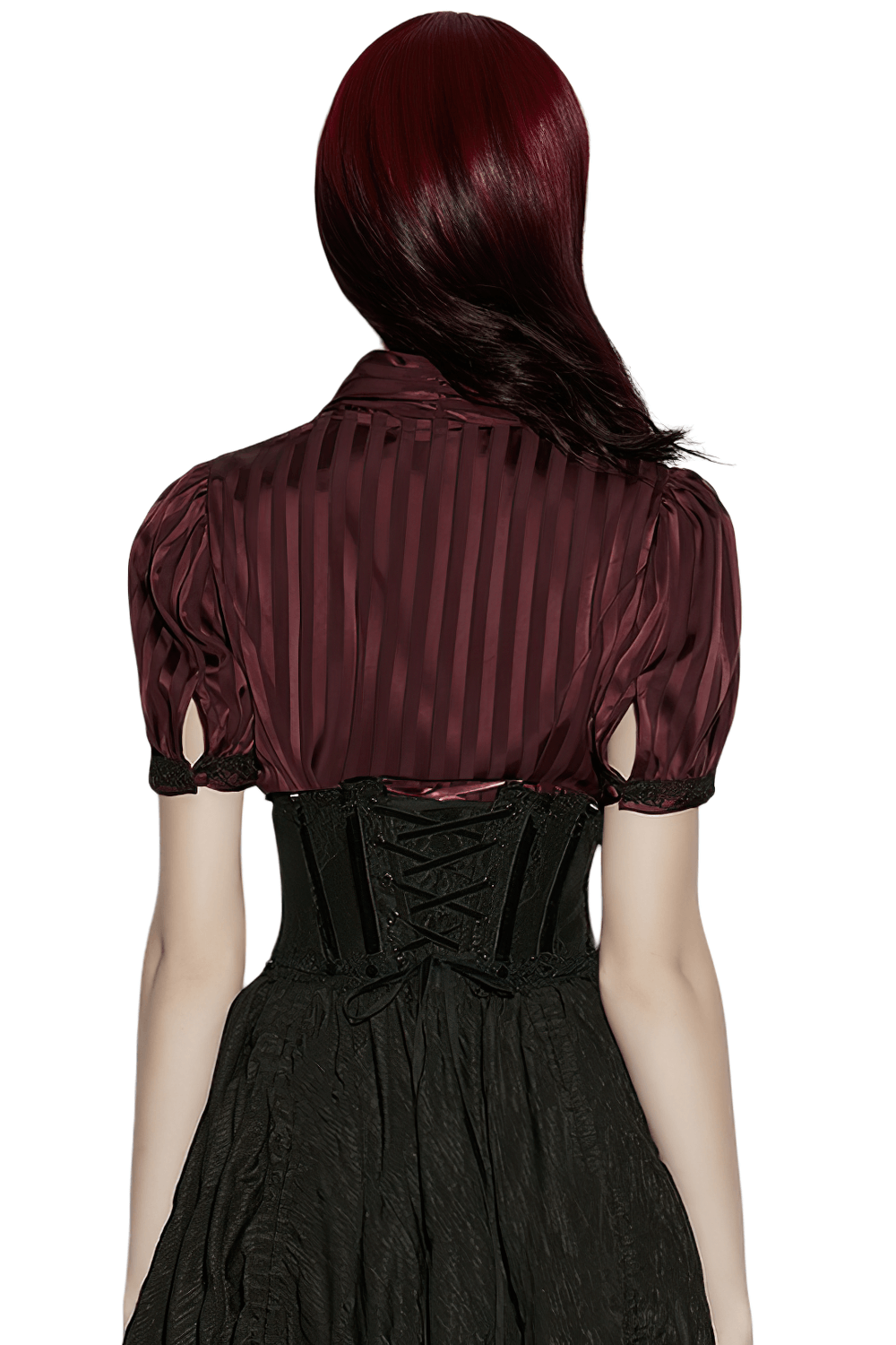 Back view of a model wearing a Black Lace Gothic Underbust Waist Cincher Corset with a burgundy striped blouse.