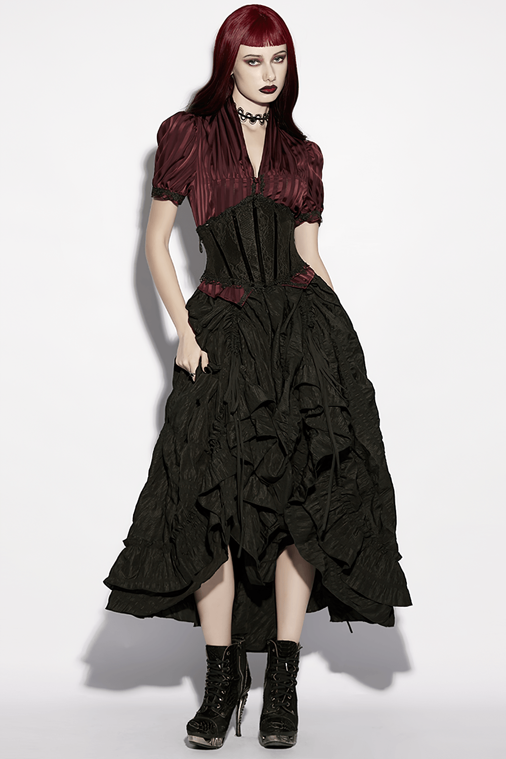 Black Lace Gothic Underbust Waist Cincher Corset styled with an elegant black and burgundy dress, showcasing a dramatic silhouette.