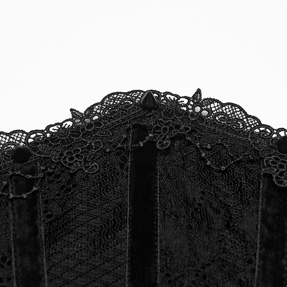 Elegant detail of the Black Lace Gothic Underbust Waist Cincher Corset featuring lace trim and pointed spikes.