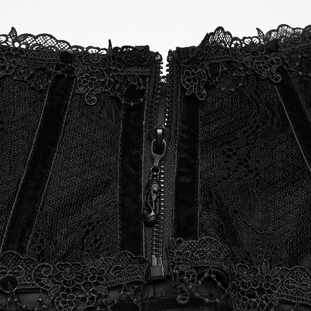 Black Lace Gothic Underbust Waist Cincher Corset detailing with lace, zipper, and vintage trim for a dramatic look.