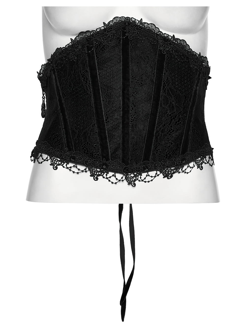 Black Lace Gothic Underbust Waist Cincher Corset showcasing vintage lace trim and spikes for a dramatic look.