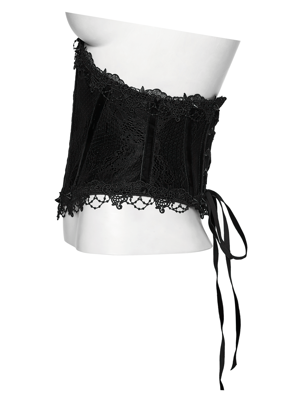 Black Lace Gothic Underbust Waist Cincher Corset showcasing intricate lace details and a stylish design for dramatic looks.