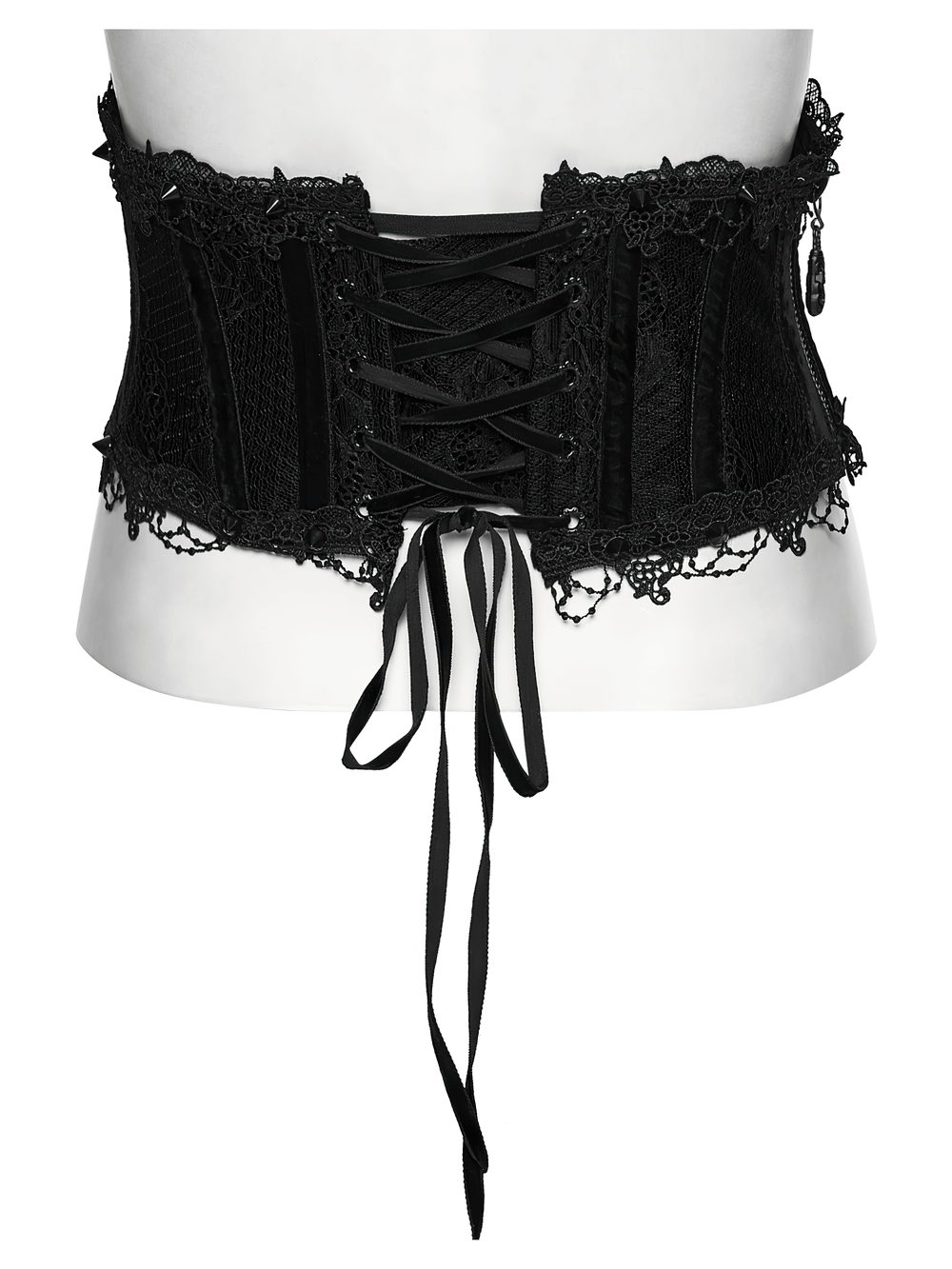 Black Lace Gothic Underbust Waist Cincher Corset featuring intricate lace and drawstring detailing.