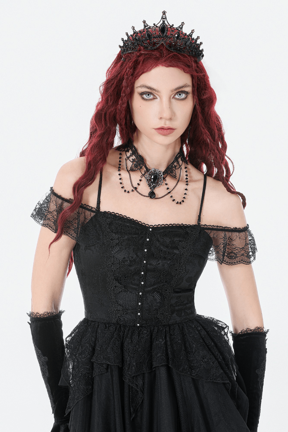 Black Lace Heart Choker Necklace with Chains and Beads worn by a model in gothic attire, paired with a black dress and crown.