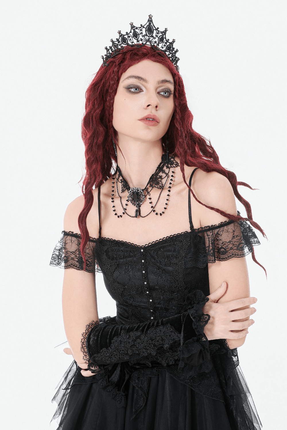 Black Lace Heart Choker Necklace with Chains and Beads worn by a model in gothic attire with a crown.