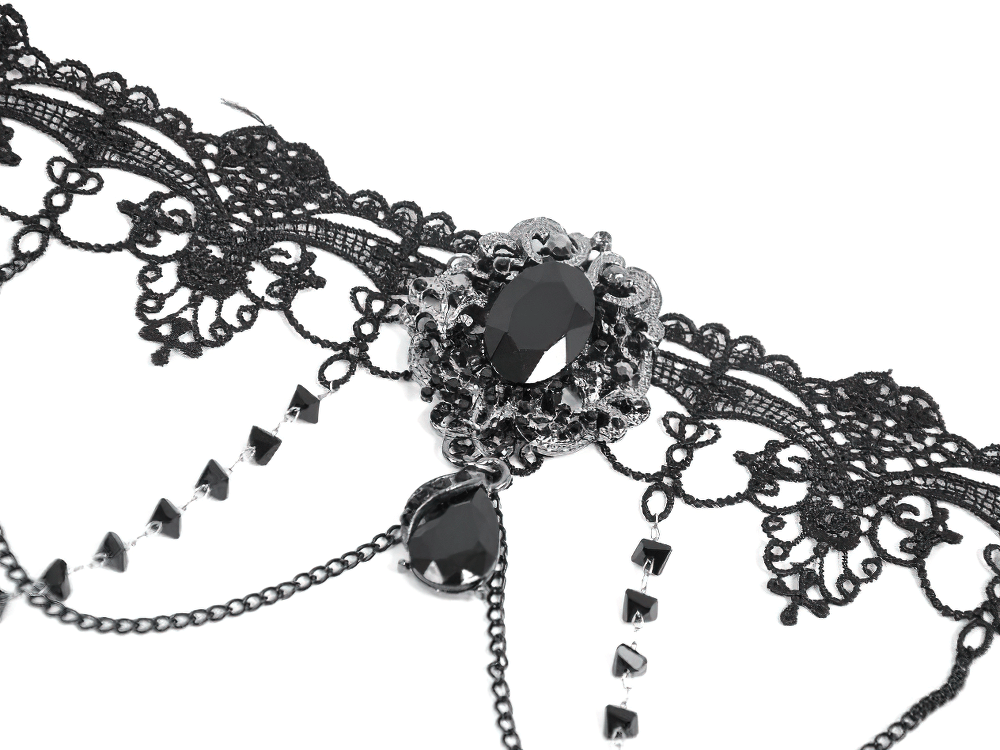 Black Lace Heart Choker Necklace with Chains and Beads featuring heart crystal and layered chains.