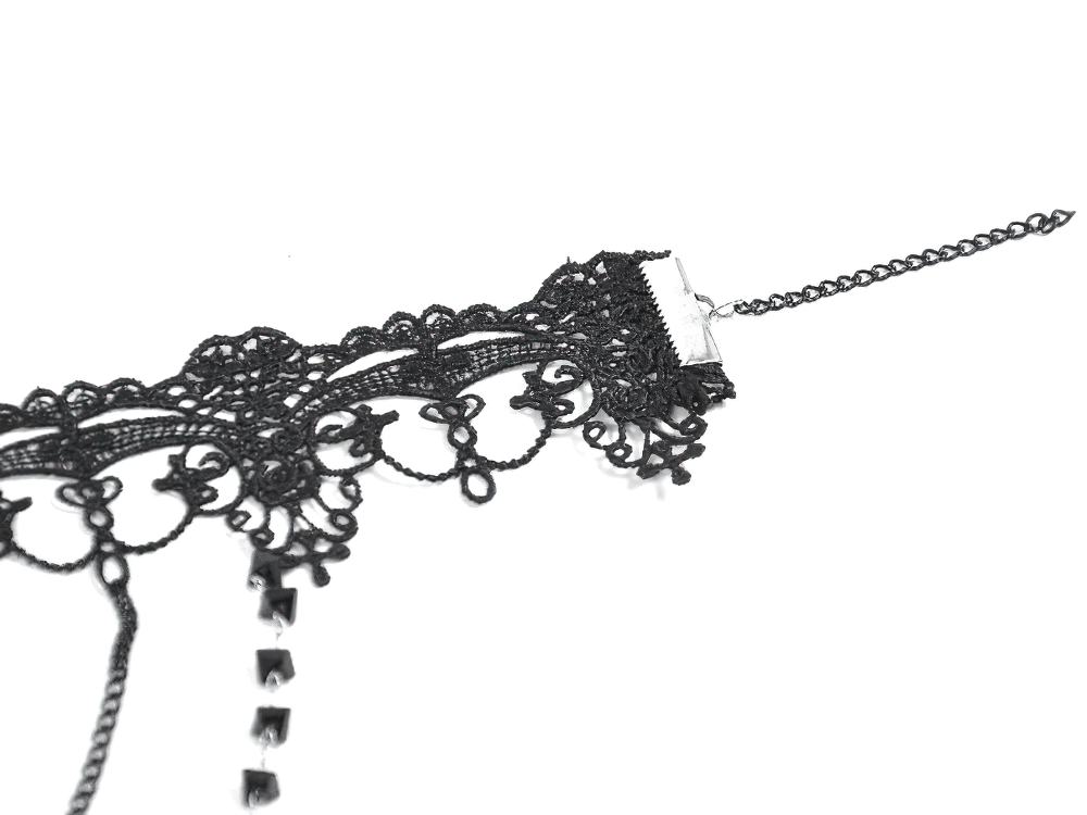 Black Lace Heart Choker Necklace with Chains and Beads close-up showing lace detail and clasp.