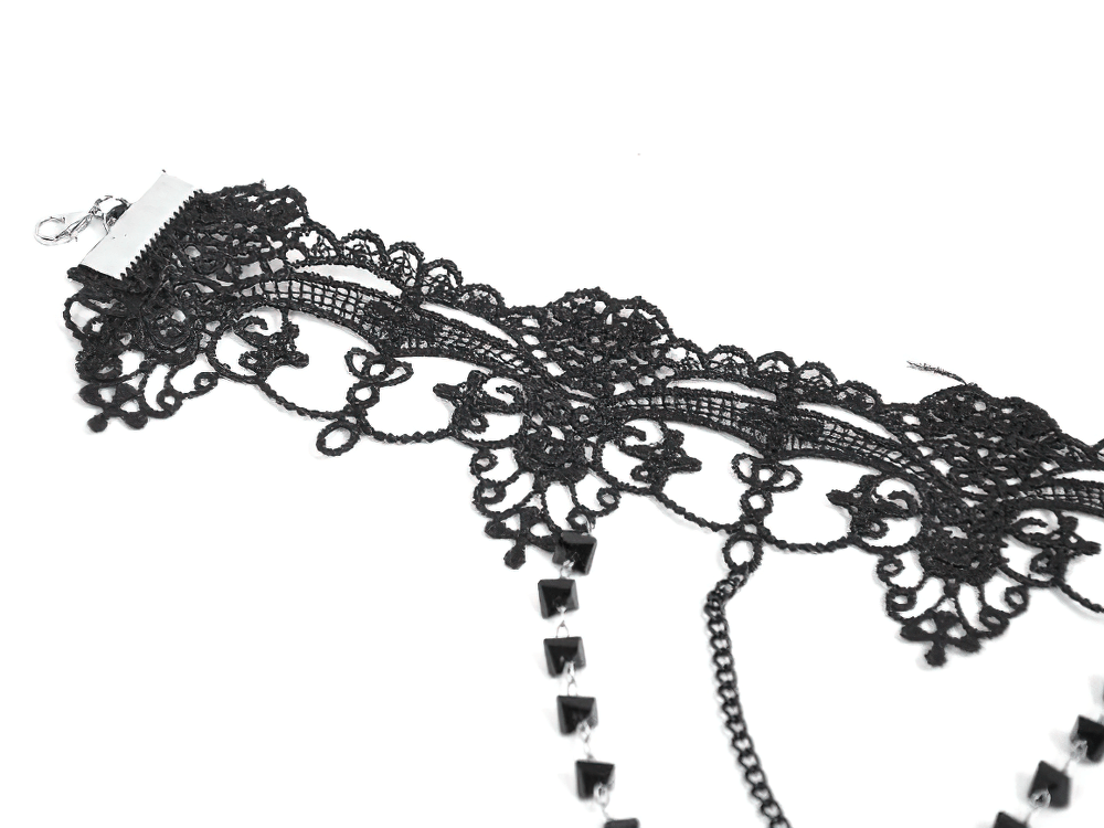 Black Lace Heart Choker Necklace with Chains and Beads detailed view showcasing lace and bead design.
