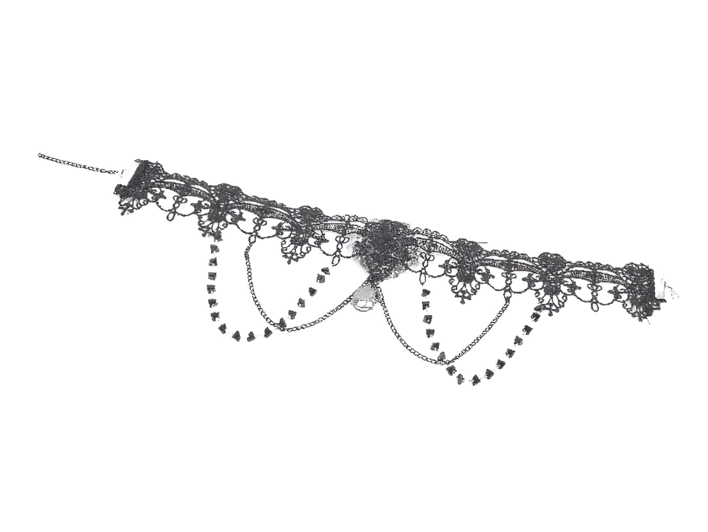 Black Lace Heart Choker Necklace with Chains and Beads featuring intricate lace, gem drops, and layered chains.