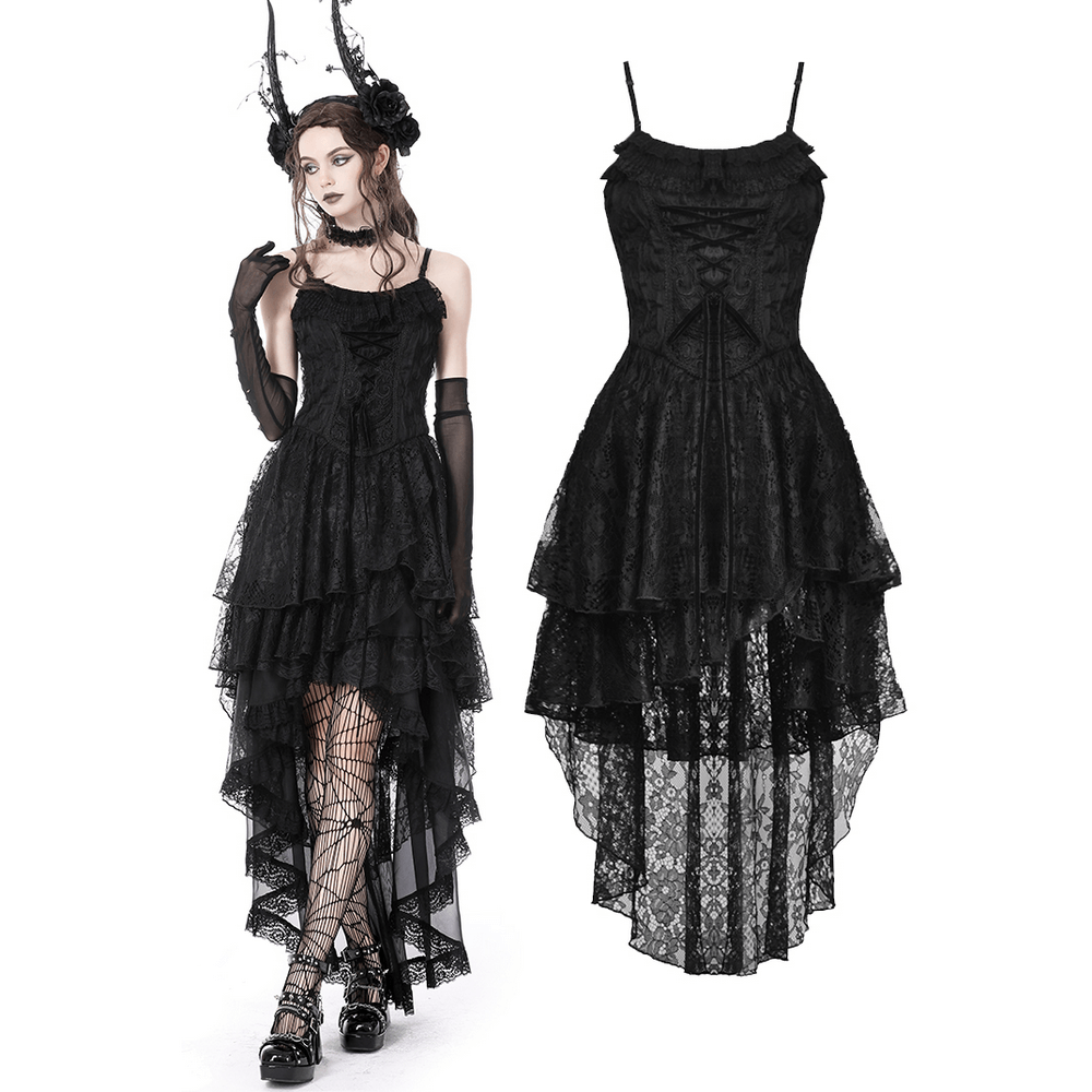 Gothic black lace high-low dress with frills, halter neck, and open back for romantic, dark occasions.