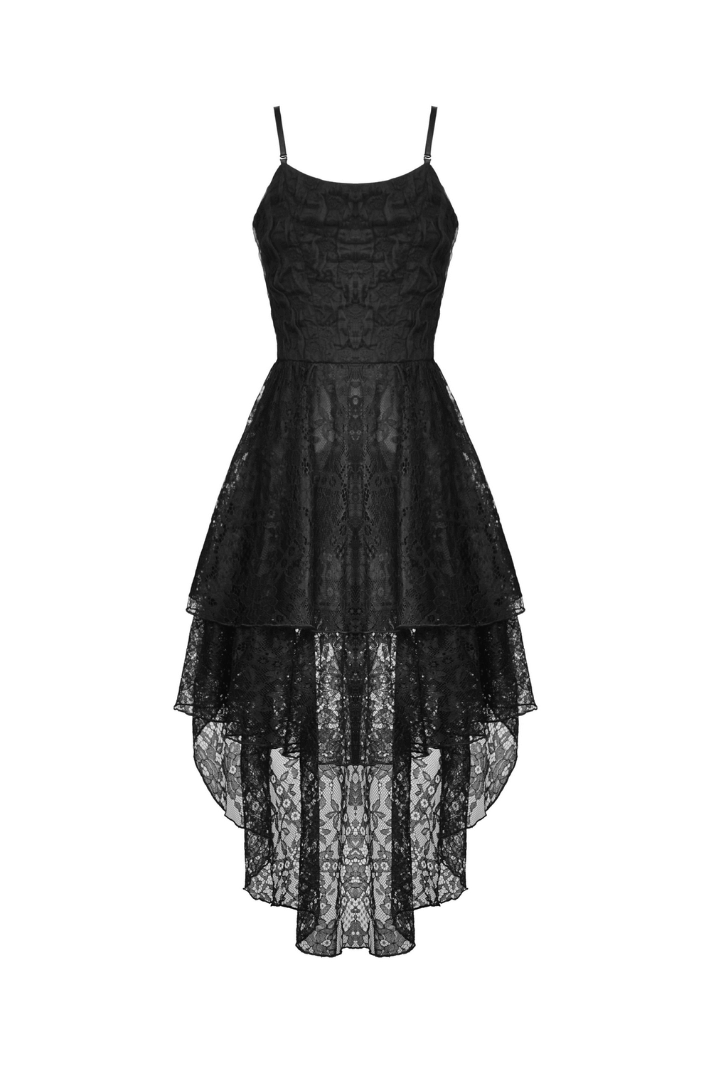 Black lace high-low dress with romantic gothic frills, perfect for dark weddings and special occasions.