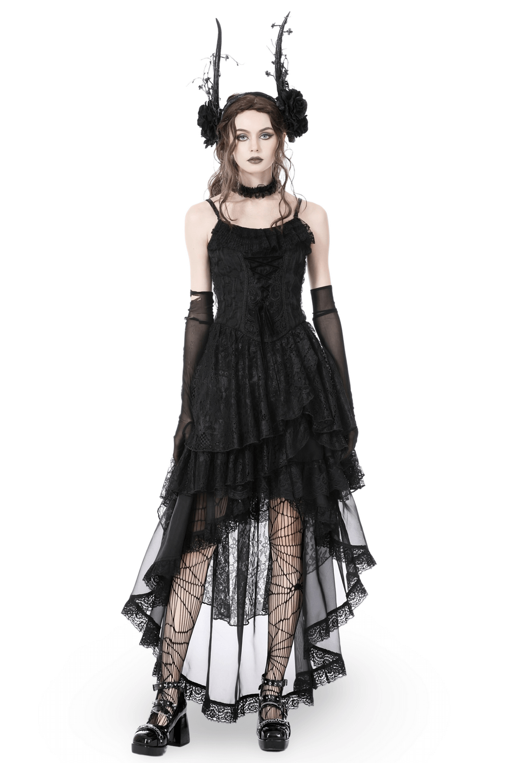 Black Lace High-Low Dress with Romantic Gothic Frills