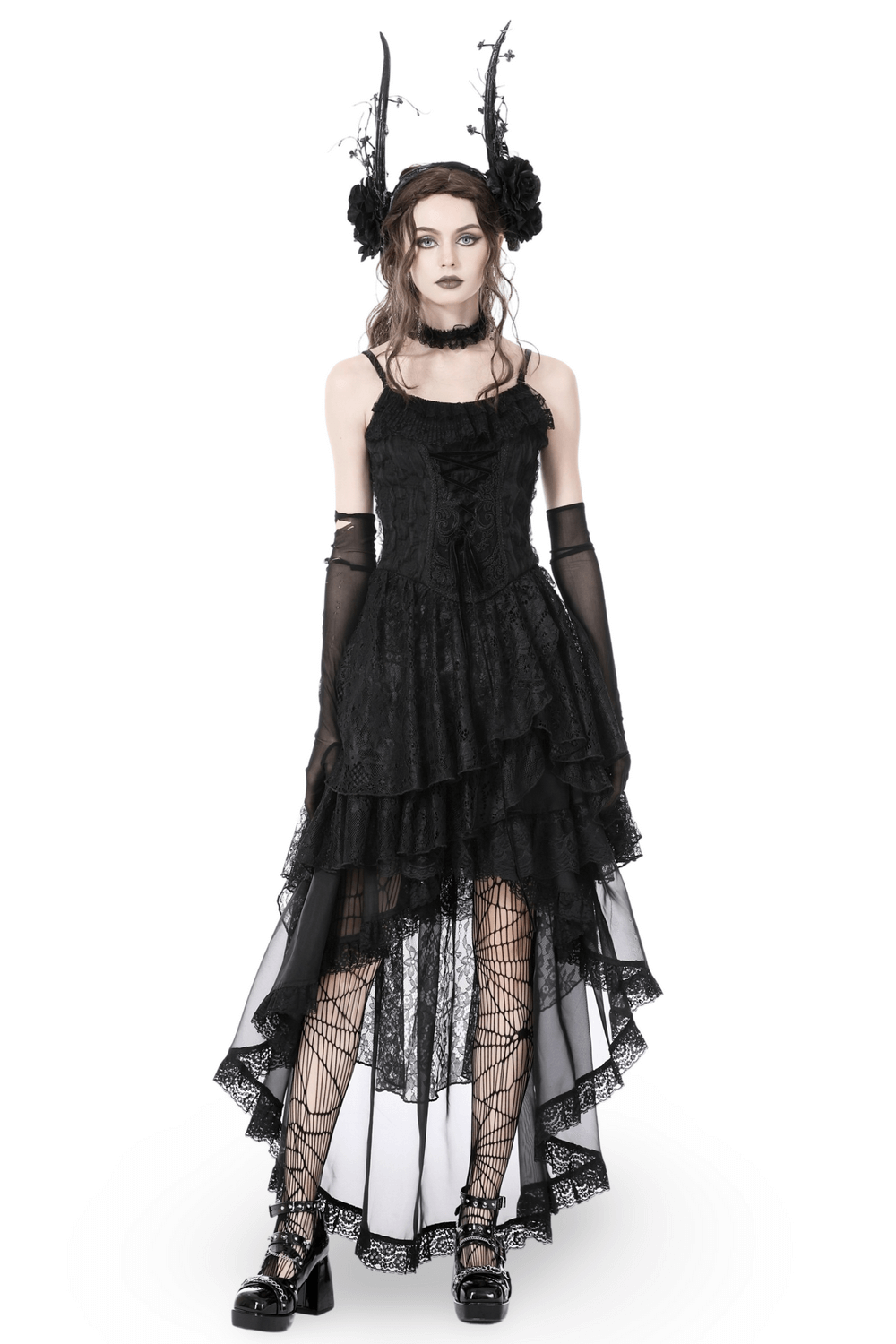 Black lace high-low dress with gothic frills, perfect for dark events and a dramatic silhouette.